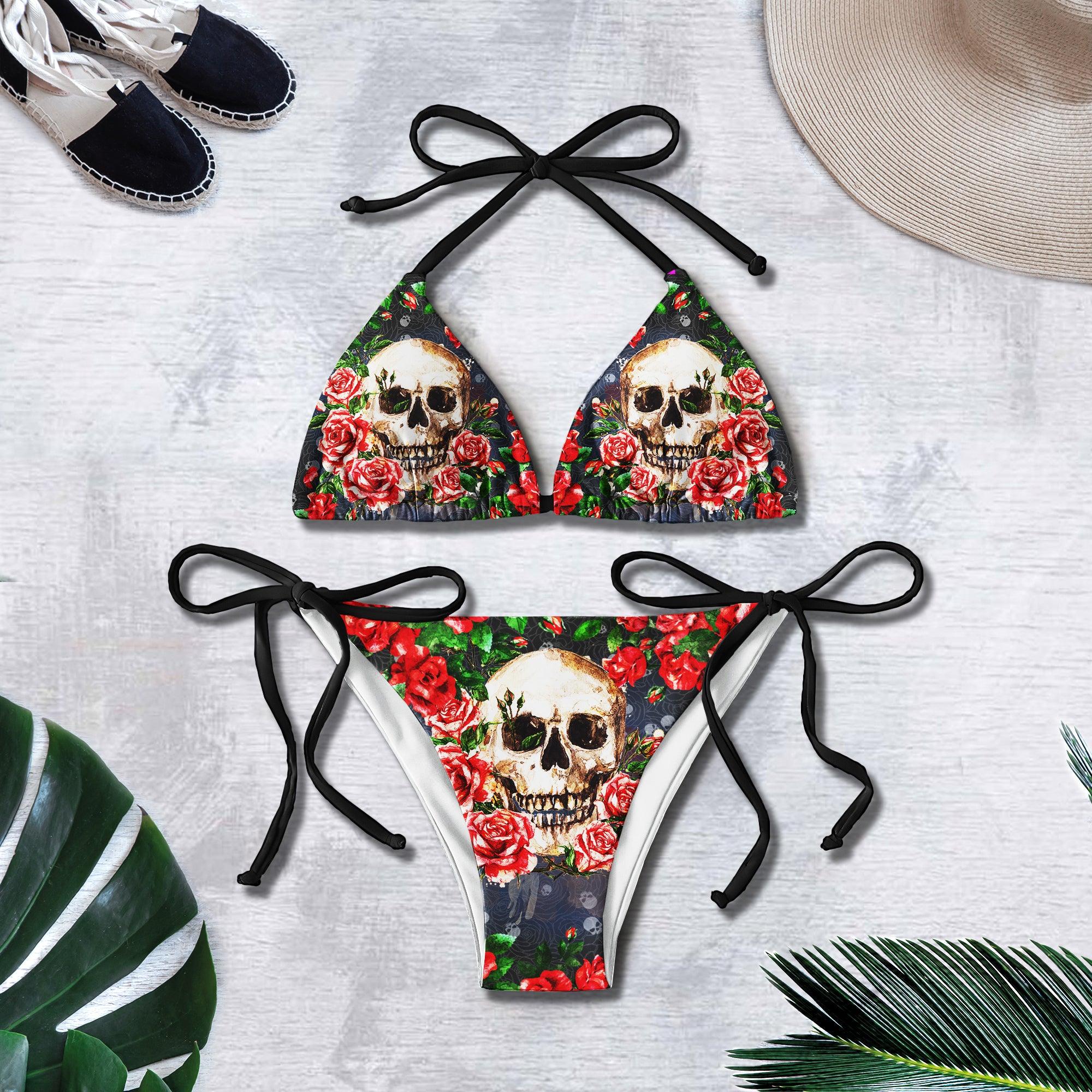 Red Rose Skull Gothic Micro Triangle Bikini Swimsuit - Wonder Skull