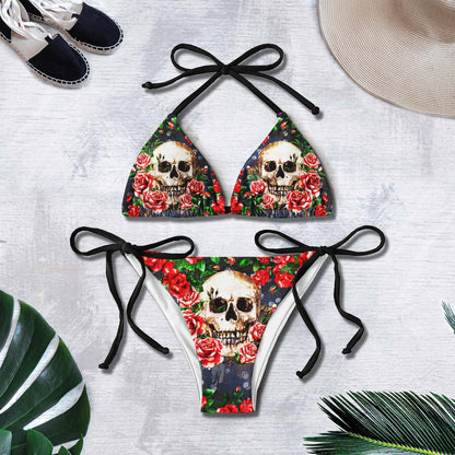 Red Rose Skull Gothic Micro Triangle Bikini Swimsuit - Wonder Skull