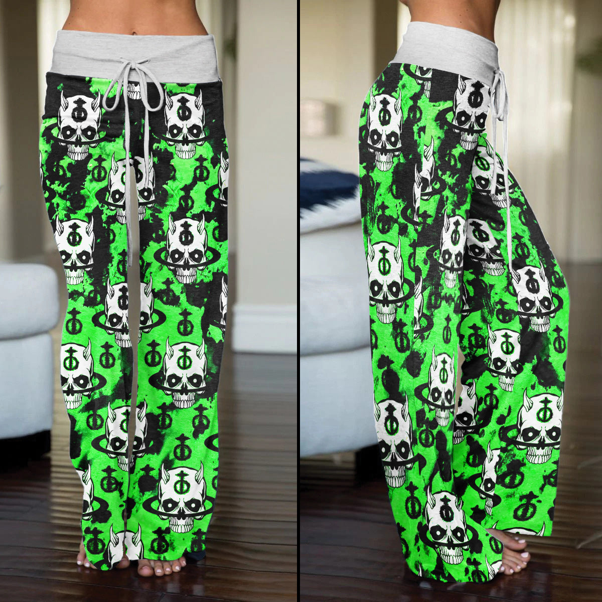 Black Green Devil Brush Women's High-waisted Wide Leg Pants | Wonder Skull