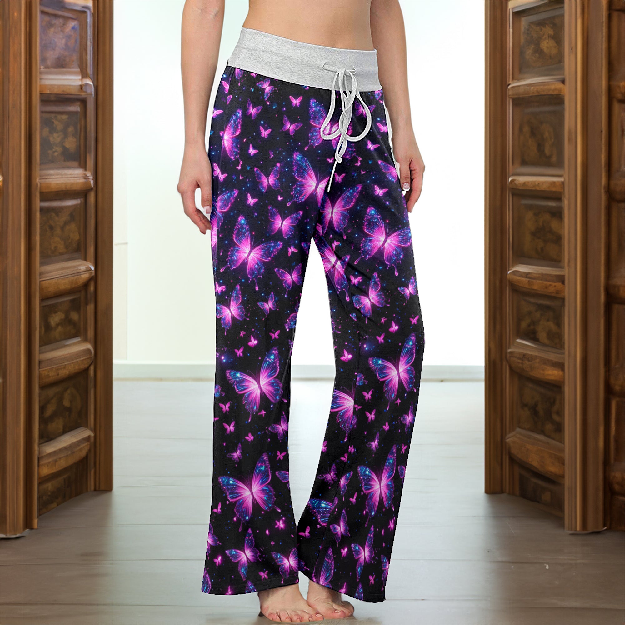 Pink Galactic Butterfly Pattern Women's High-waisted Wide Leg Pants