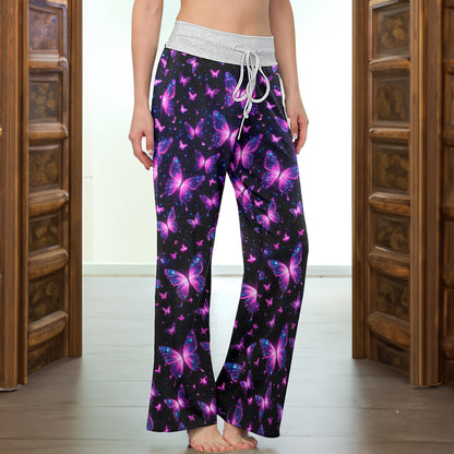 Pink Galactic Butterfly Pattern Women's High-waisted Wide Leg Pants