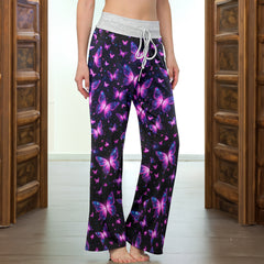 Pink Galactic Butterfly Pattern Women's High-waisted Wide Leg Pants