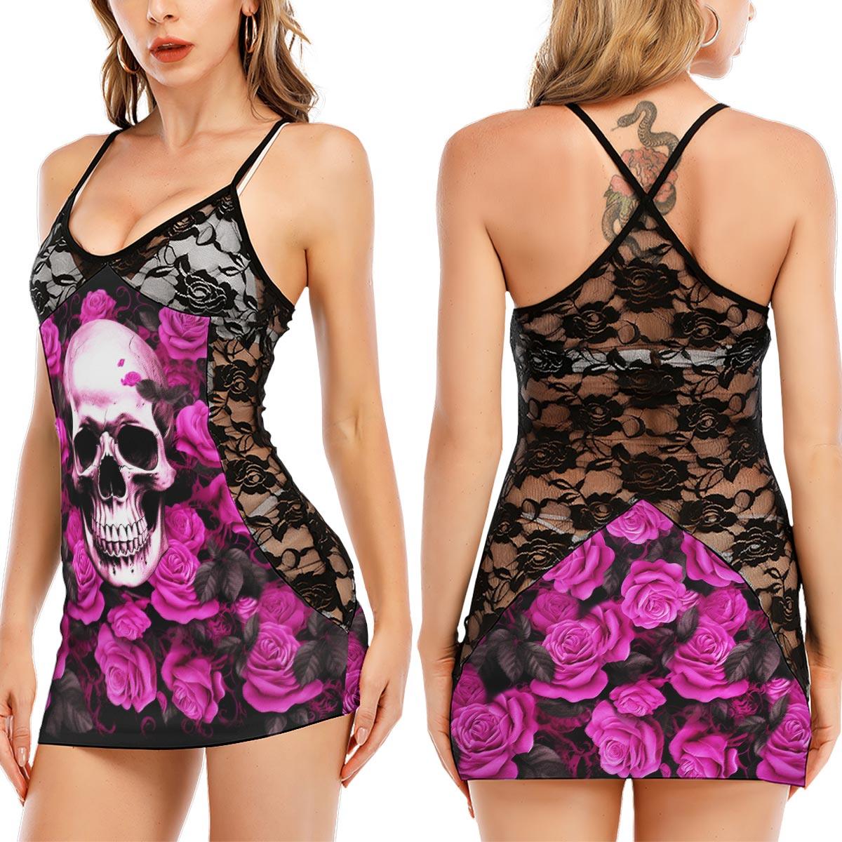 Pink Rose Skull Black Lace Sleepwears Babydol Dresses - Wonder Skull
