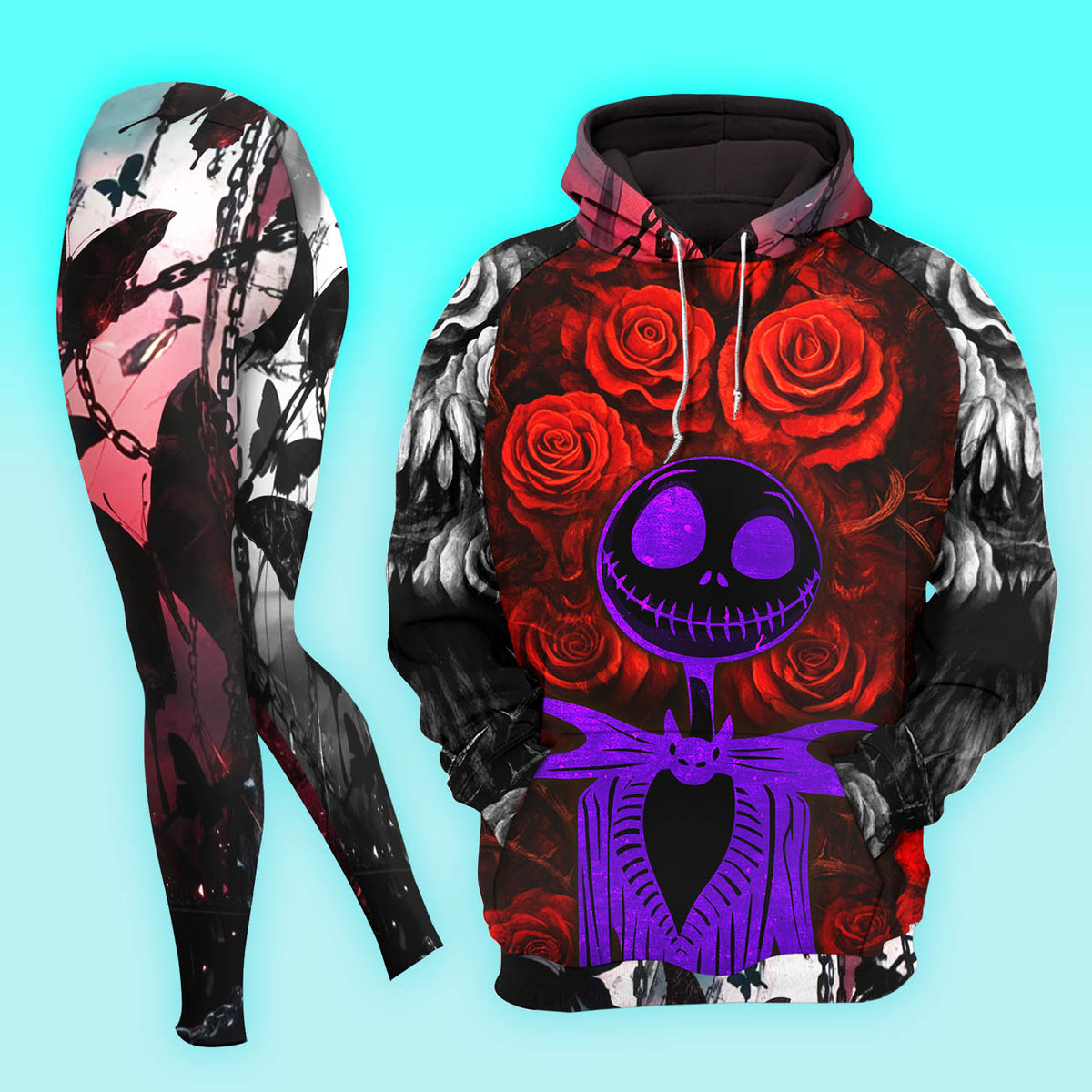 Women Hoodie and Leggings, Dark Rose Neon Figure Outwear Pants Outfit