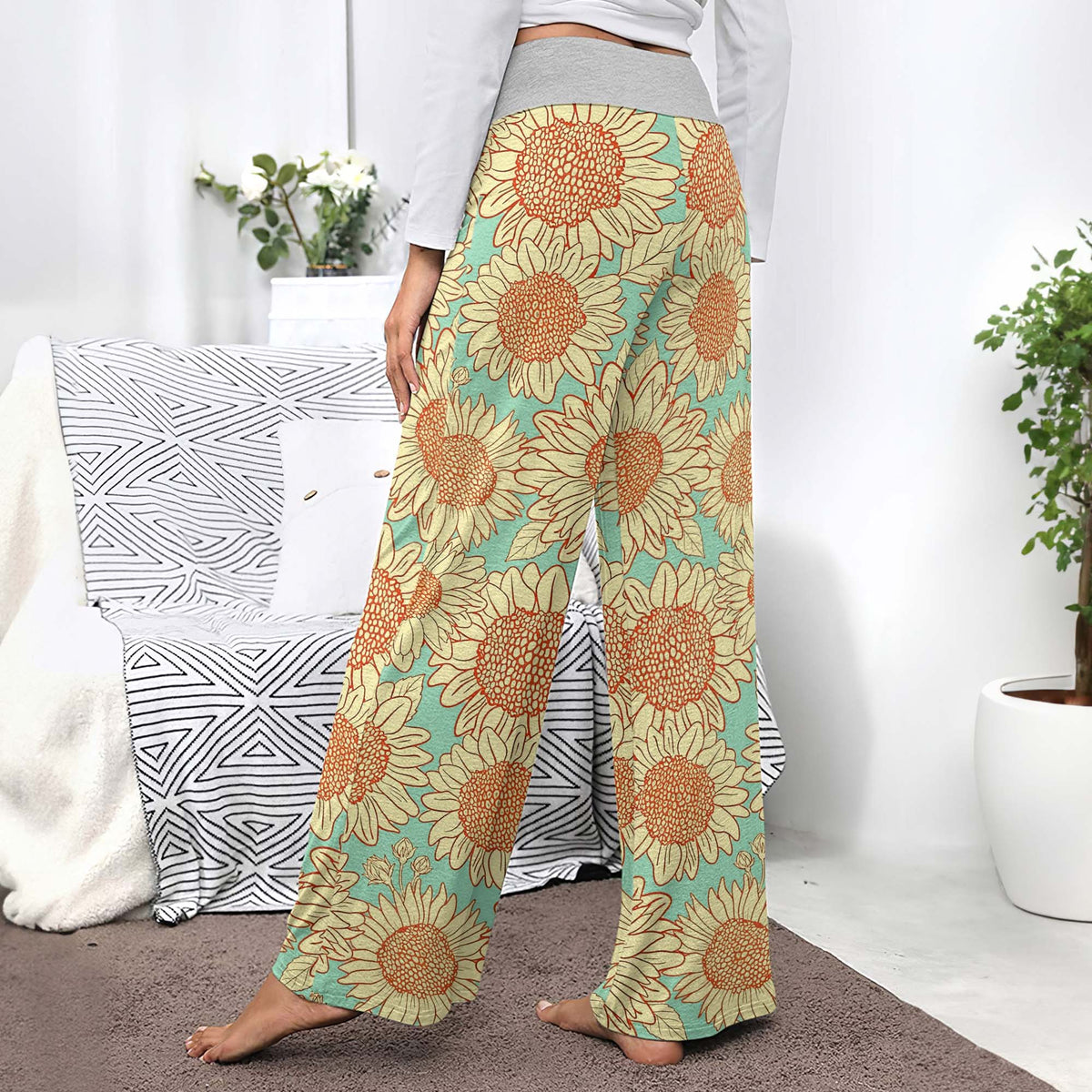 Vintage Mint Sunflower Women's High-waisted Wide Leg Pants