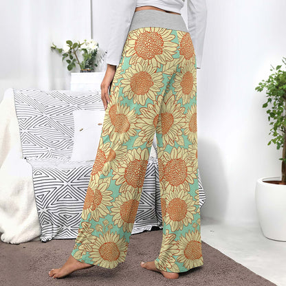 Vintage Mint Sunflower Women's High-waisted Wide Leg Pants