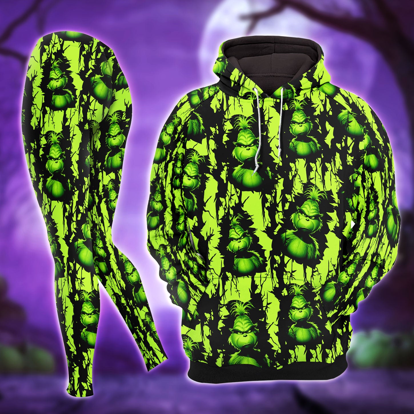 Green Nightmare Art Theme Combo Hoodie and Leggings - Dark and edgy matching set with skull designs for a unique and stylish look