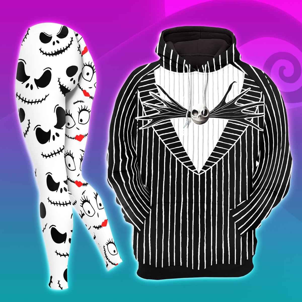 Lovely Couple Nightmare Theme Combo Hoodie and Leggings - Dark and edgy matching set with skull designs for a unique and stylish look.
