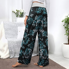 Cyan Skull Rose Floral Women's High-waisted Wide Leg Pants