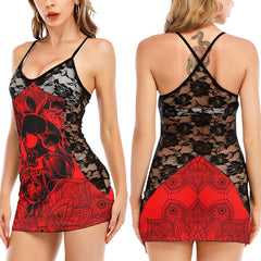 Red Black Mandala Gothic Skull Black Lace Sleepwears Babydol Dresses - Wonder Skull