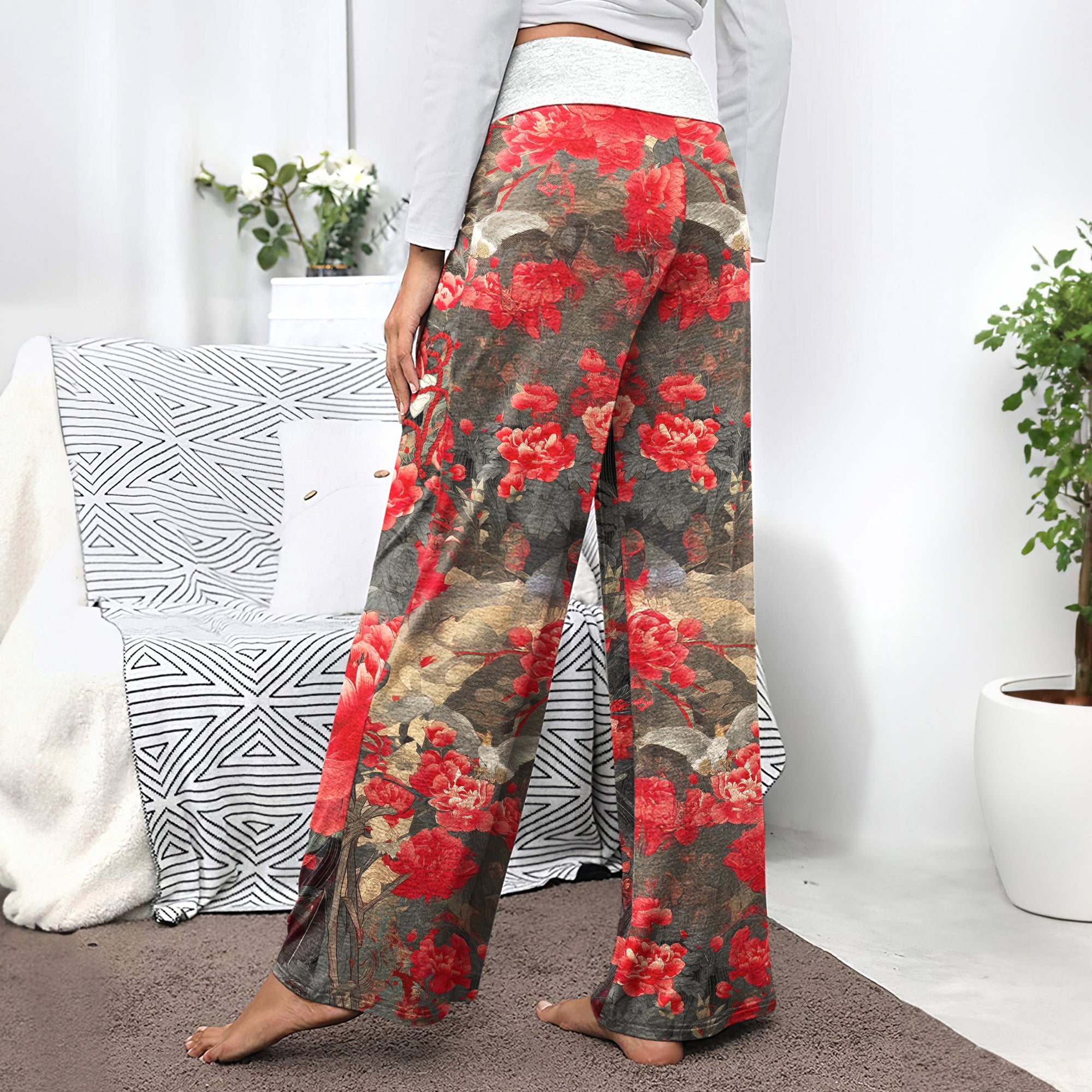 Red Masked Skeleton Amidst Women's High-waisted Wide Leg Pants