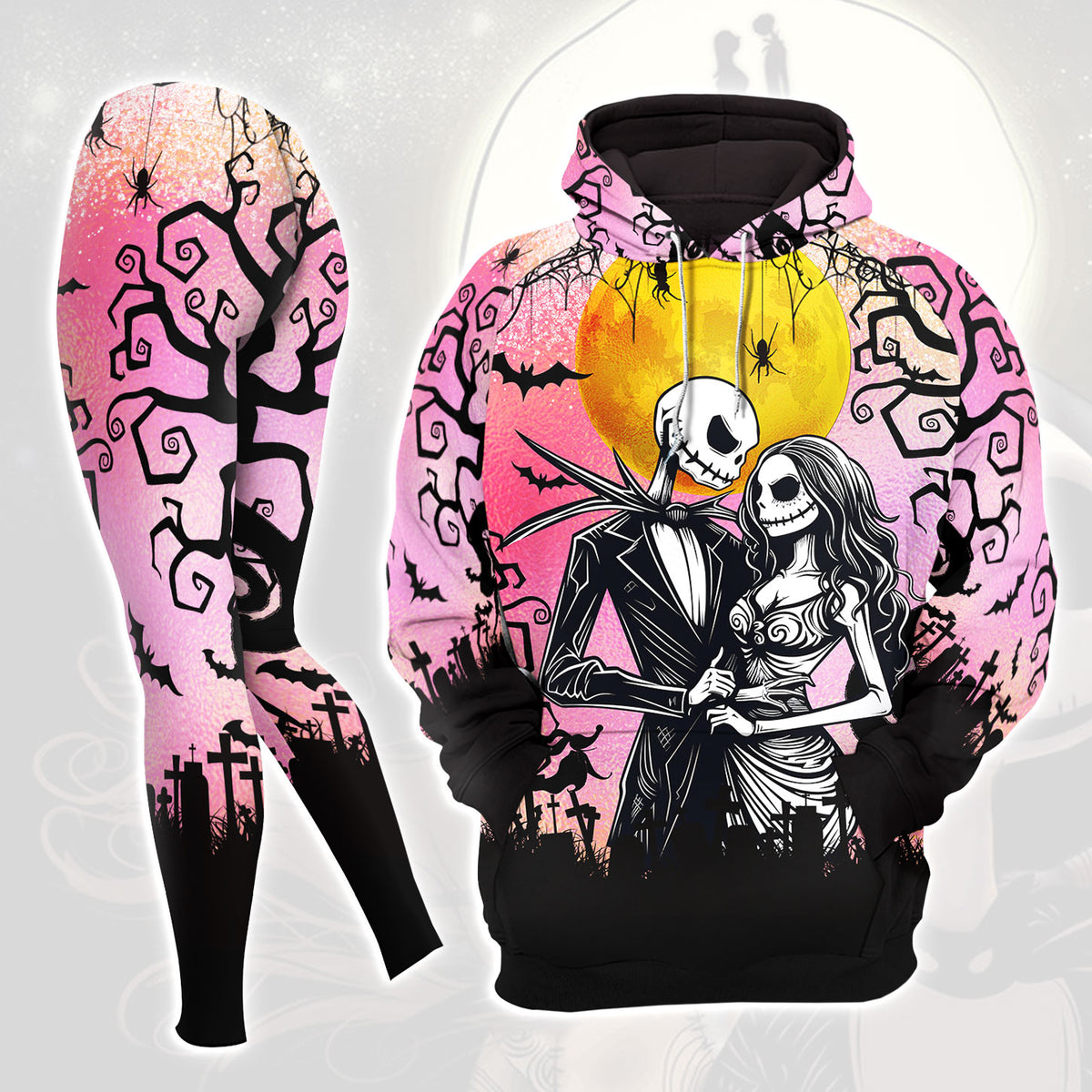 Pink Couple Nightmare Theme Combo Hoodie and Leggings - Dark and edgy matching set with skull designs for a unique and stylish look