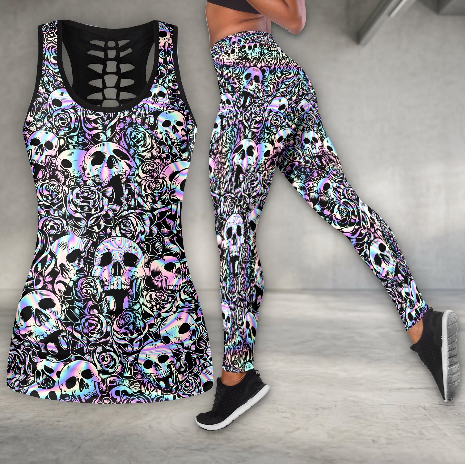 Holo Rose Skull Pattern Tanktop and Leggings