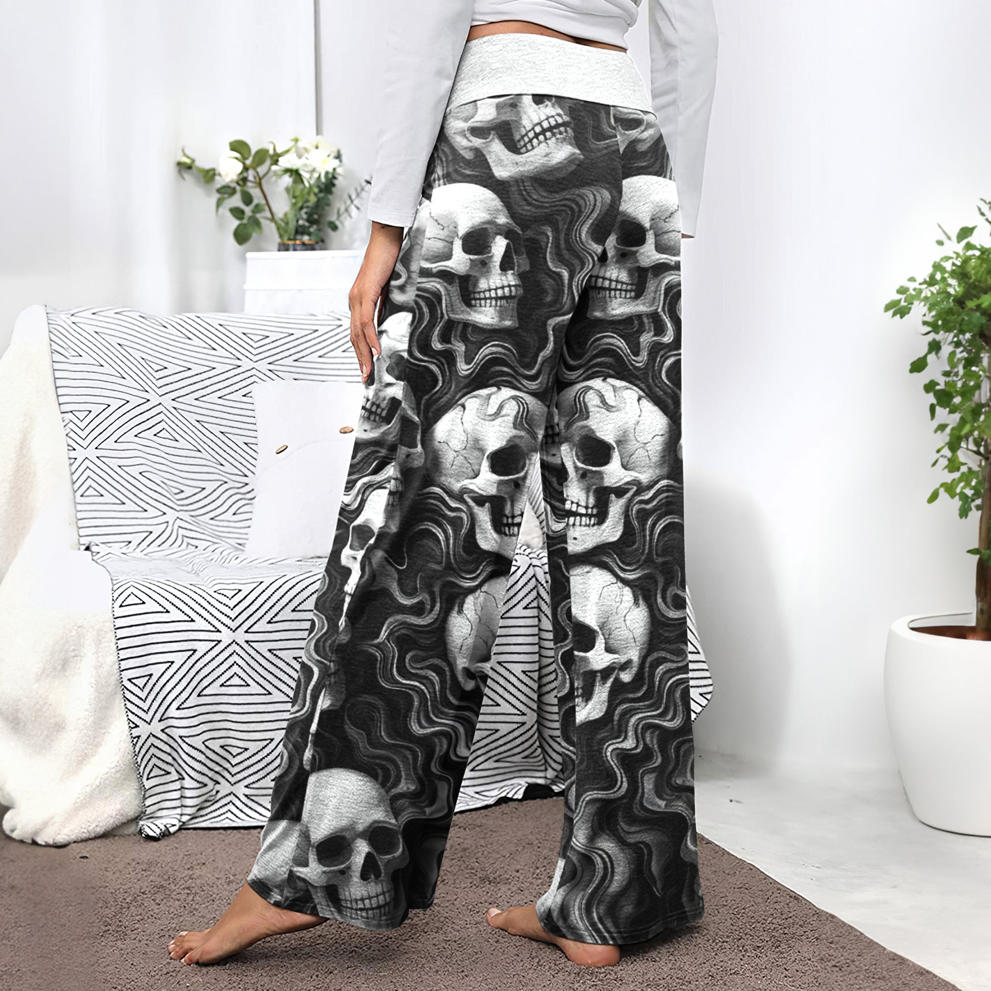 Skull Flow Pattern Women's High-waisted Wide Leg Pants
