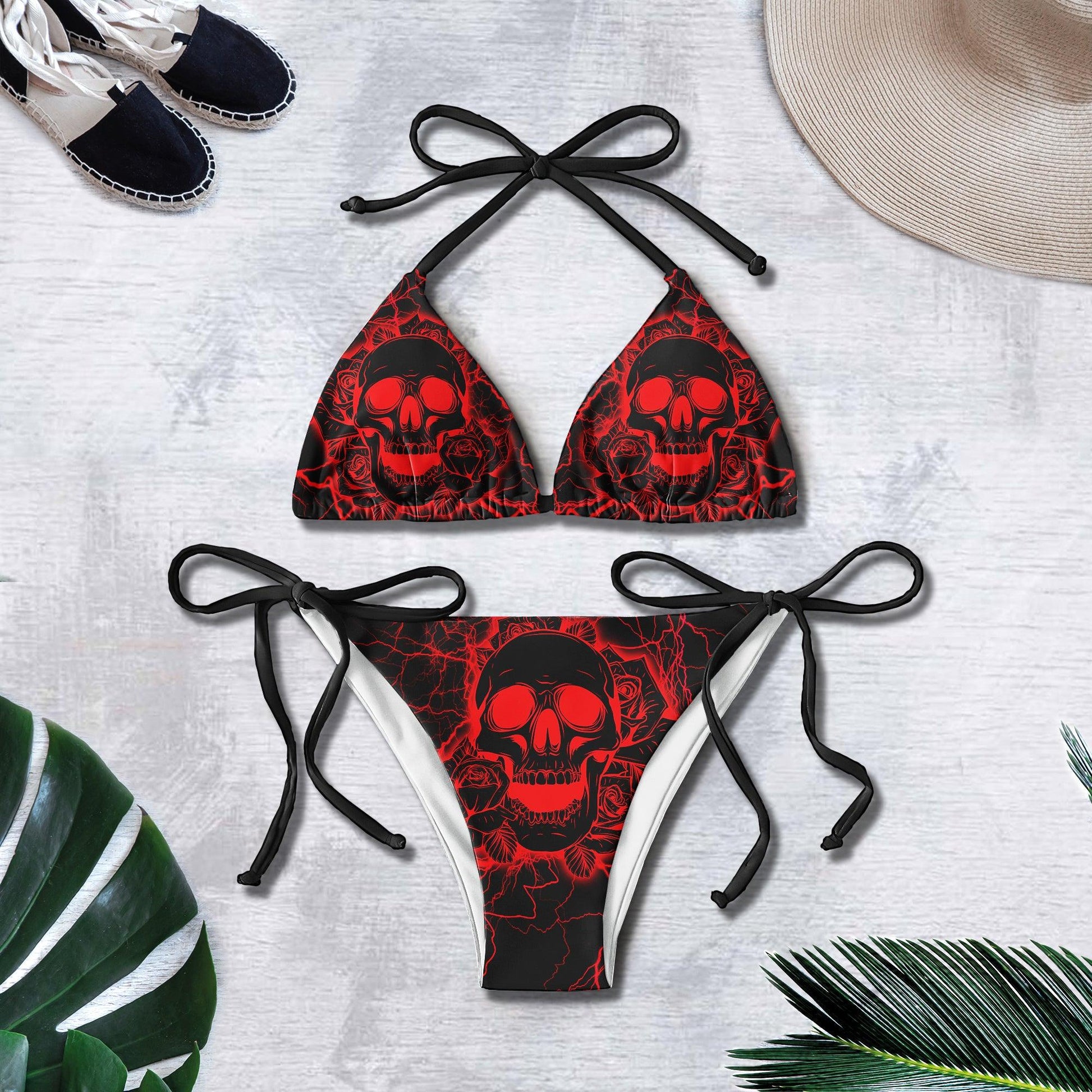 Vivid Red Skull Thunder Micro Triangle Bikini Swimsuit - Wonder Skull