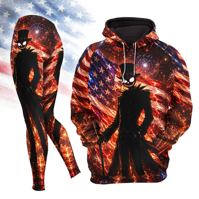 Women Hoodie and Leggings, Fiery Freedom Skull Gentleman Outwear Pants Outfit