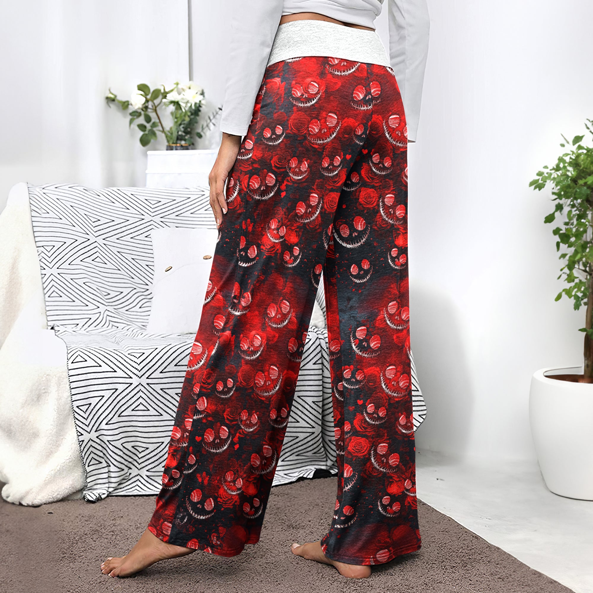 Red Face Skull Pattern Women's High-waisted Wide Leg Pants