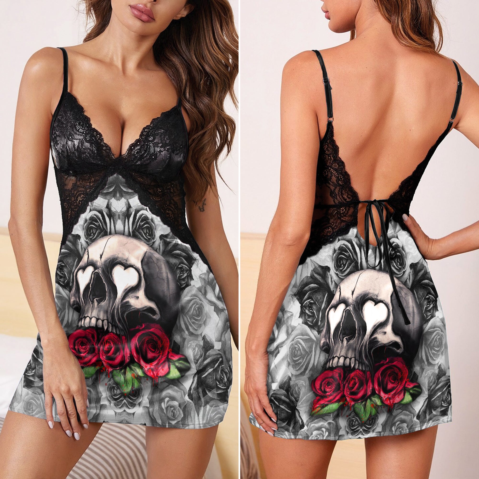 Skull Abstract Rose Gothic & Punkrock Women's Sleepwear | Lace Cami Dress Nightgowns
