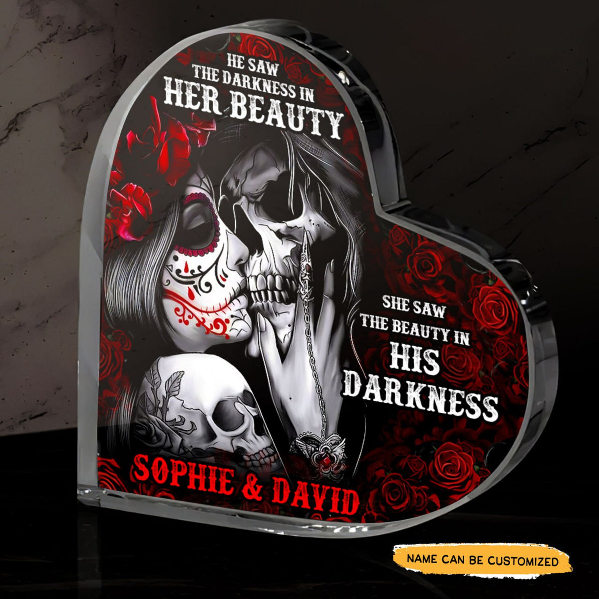 Beauty Darkness - Customized Skull Couple Crystal Heart Anniversary Gifts