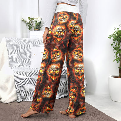 Hellfire Scorch Skulls Pattern Women's High-waisted Wide Leg Pants