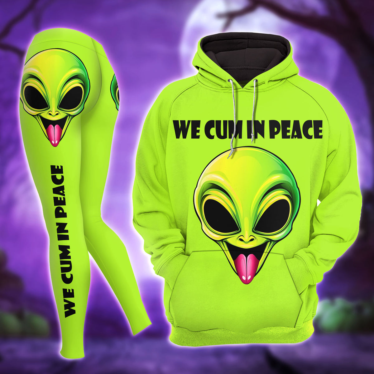 Green Funny Art Combo Hoodie and Leggings - Dark and edgy matching set with skull designs for a unique and stylish look