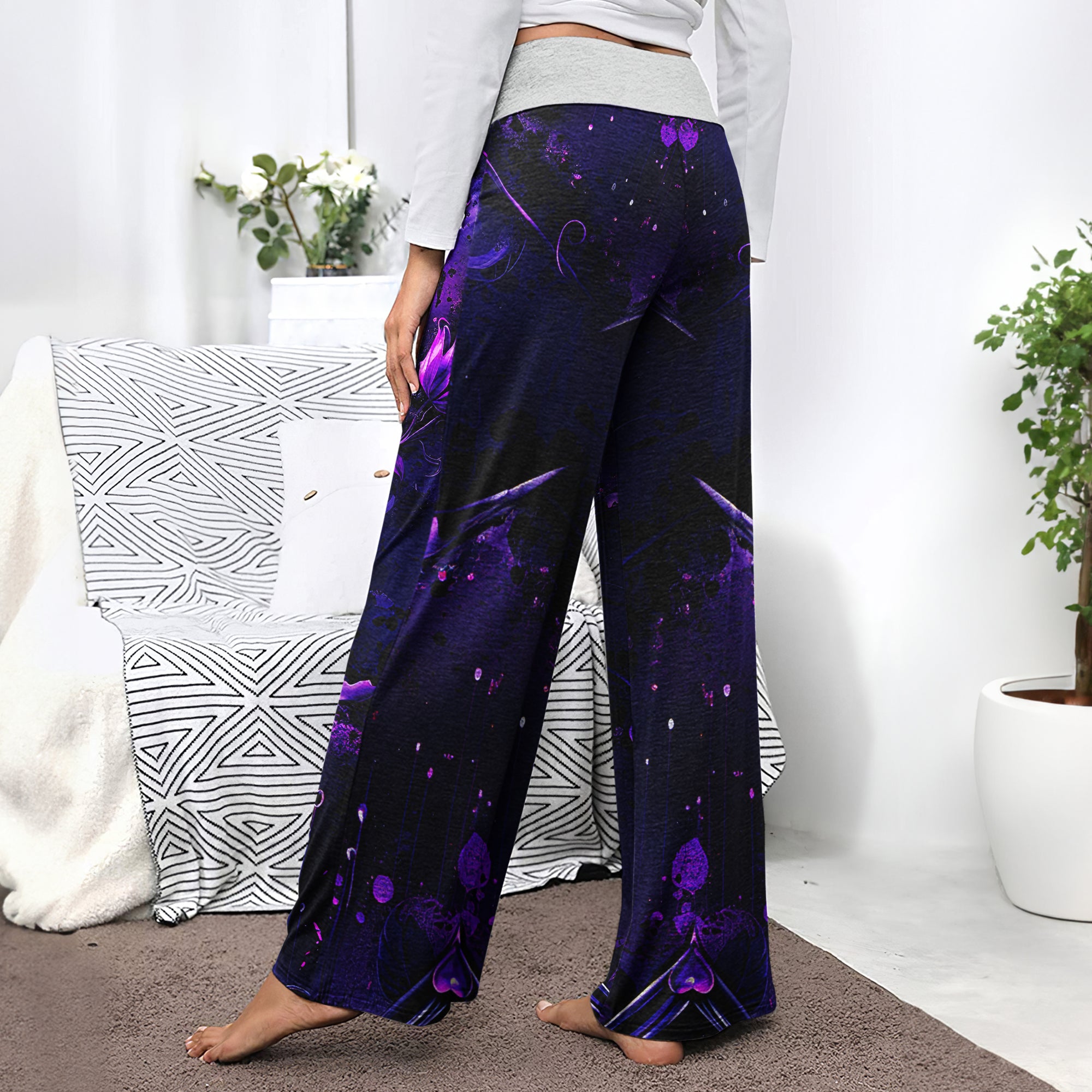 Purple Skull Flower Gothic Women's High-waisted Wide Leg Pants | Wonder Skull