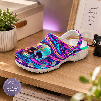 Wonder Skull Lightweight Clog Sandals are designed for all-day comfort. Featuring breathable ventilation holes, a cushioned footbed, and a pivoting heel strap, these versatile unisex clogs are perfect for use at home, outdoors, or at work — whatever your profession may be.