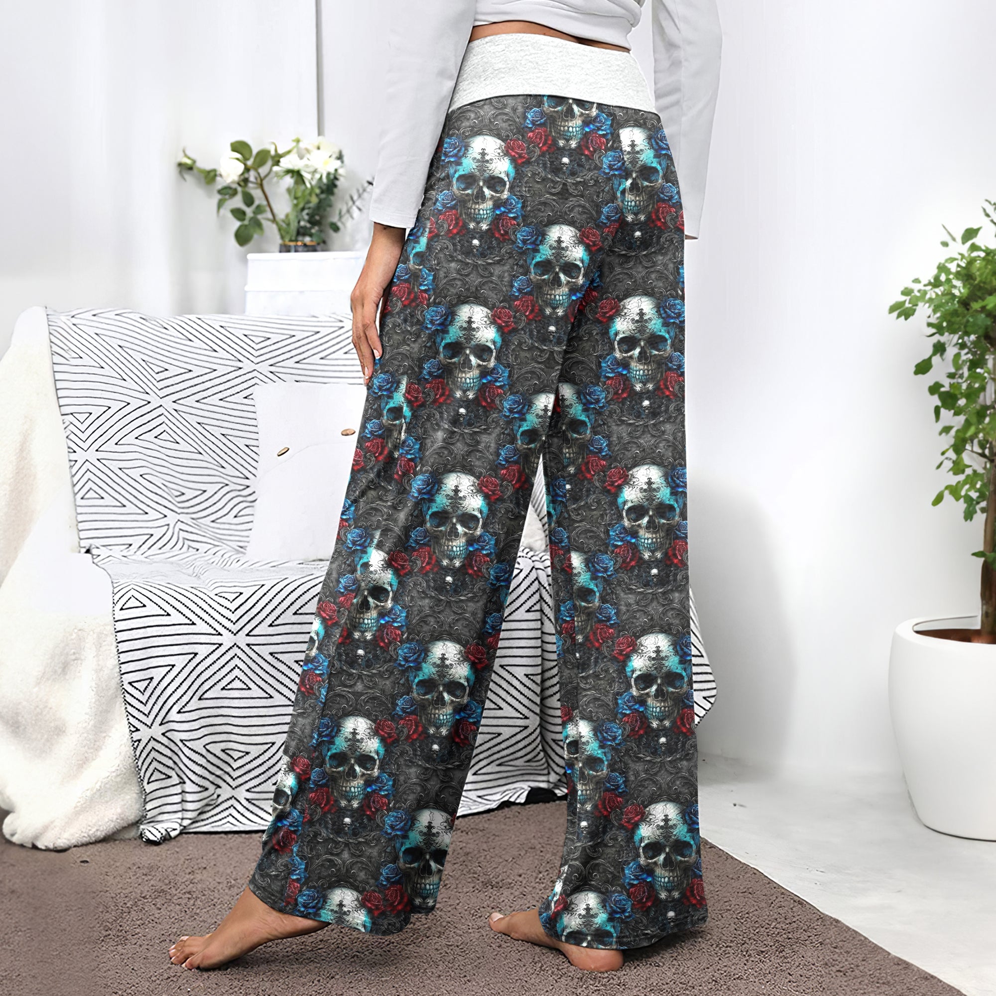 Shadowed Azure Skulls Women's High-waisted Wide Leg Pants