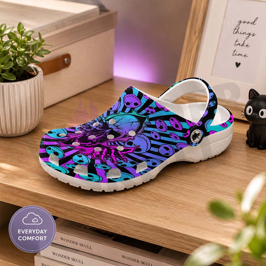 Wonder Skull Lightweight Clog Sandals are designed for all-day comfort. Featuring breathable ventilation holes, a cushioned footbed, and a pivoting heel strap, these versatile unisex clogs are perfect for use at home, outdoors, or at work — whatever your profession may be.