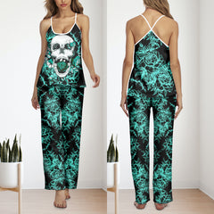 Green Skull Rose Cami Pajamas Sets For Women Sleepwears Combo - Wonder Skull