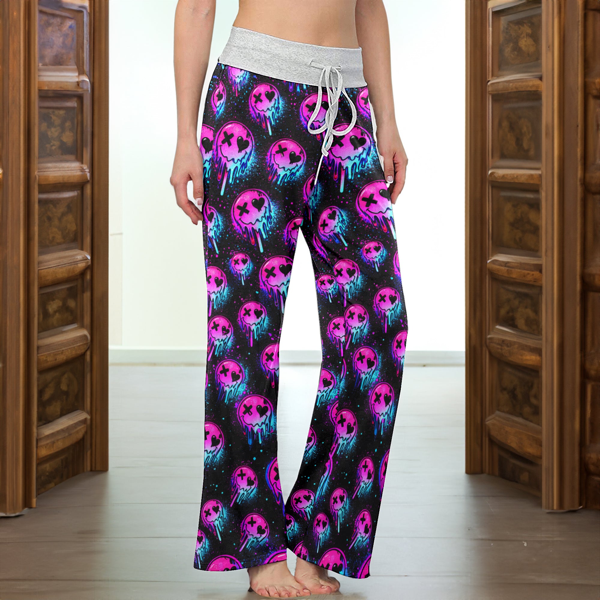 Melting Neon Skull Grunge Women's High-waisted Wide Leg Pants