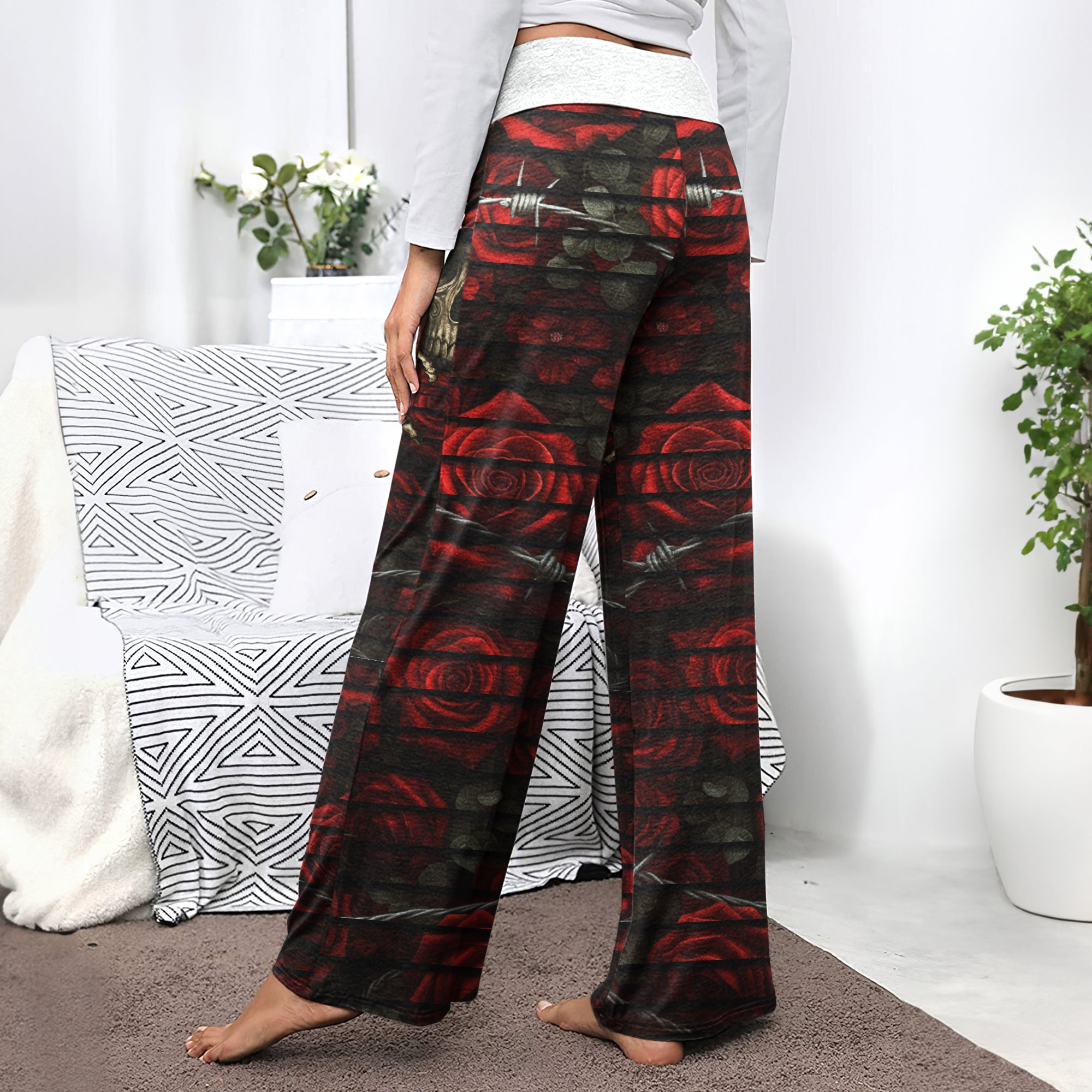 Barbed Heart Skull Rose Women's High-waisted Wide Leg Pants