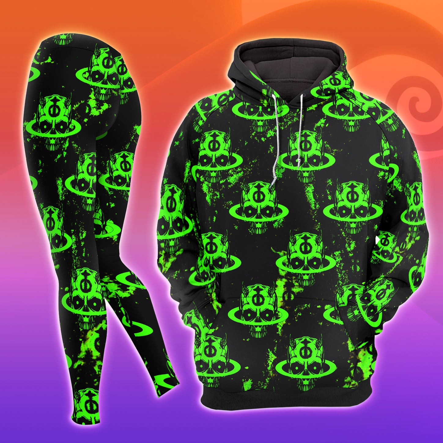 Black Green Skull Combo Hoodie and Leggings - Dark and edgy matching set with skull designs for a unique and stylish look