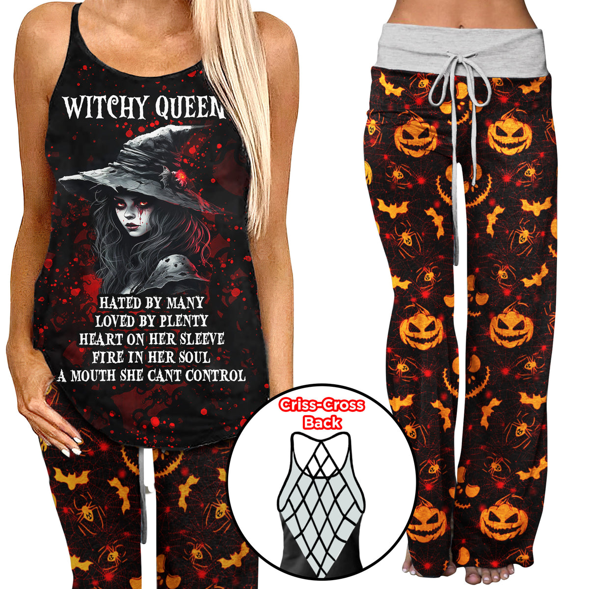 Witchy Queen Blood Halloween Backless tanktop and Wide Pants Sets - Wonder Skull