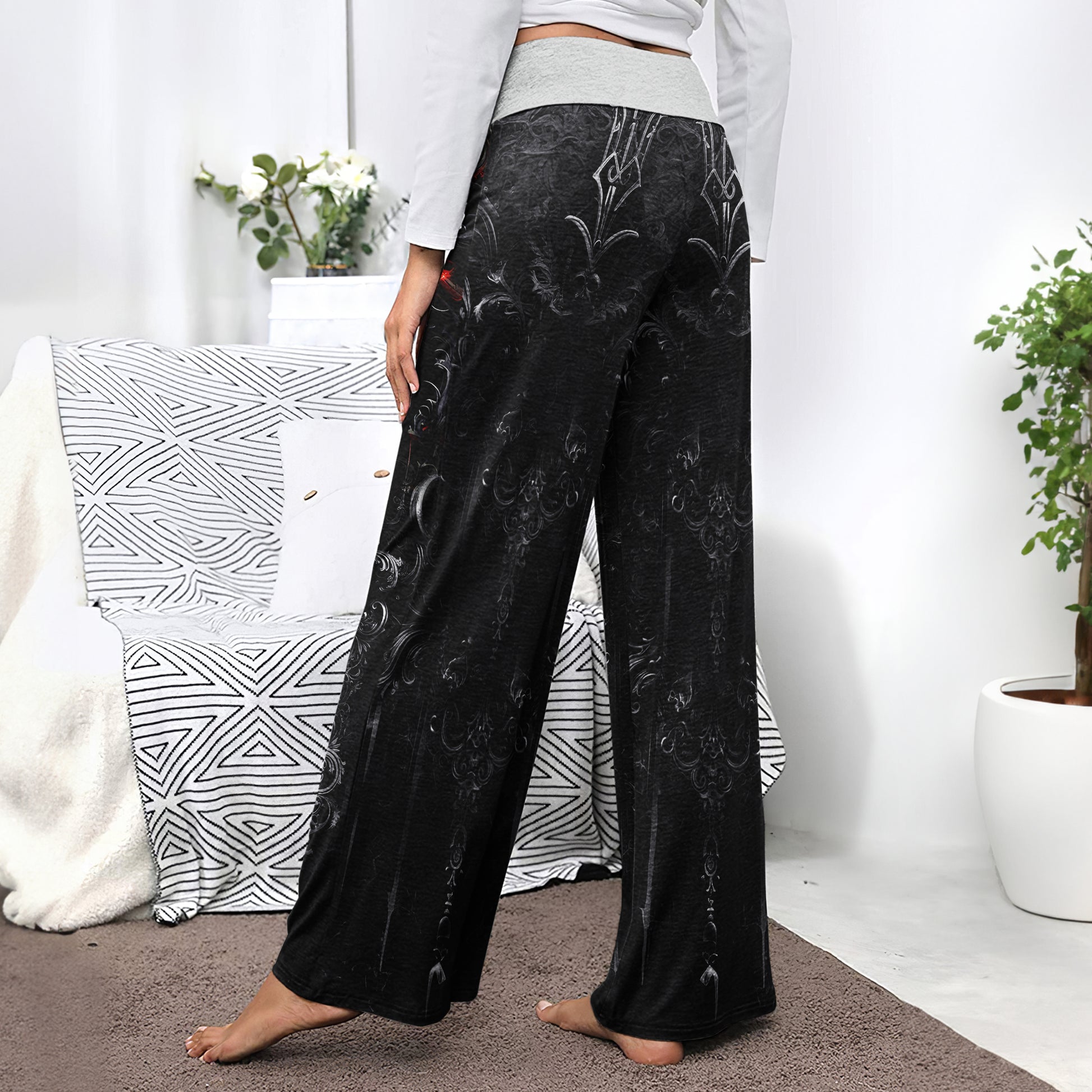 Grey Skull Gothic Art Women's High-waisted Wide Leg Pants | Wonder Skull