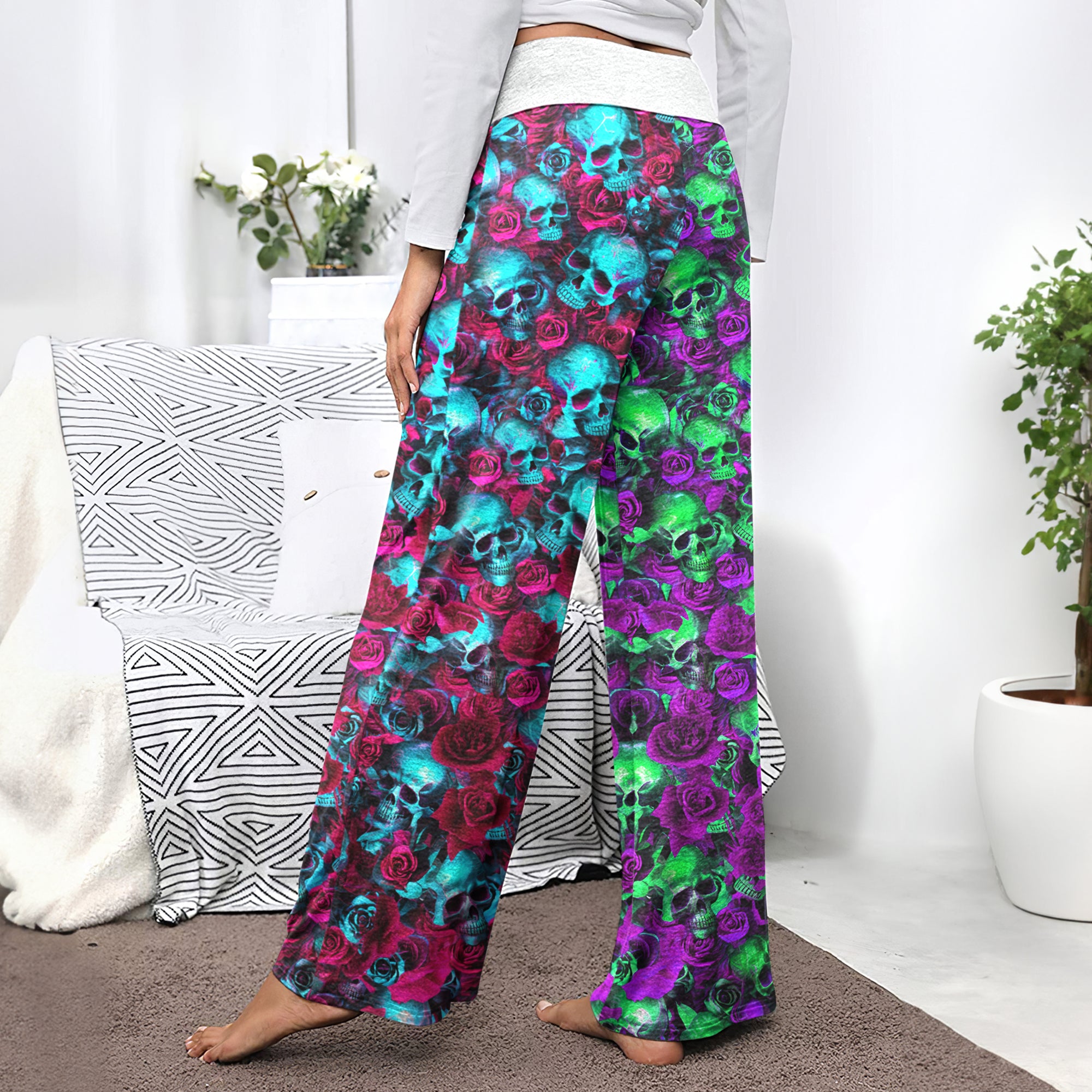 Gradient Skull Flower Dream Women's High-waisted Wide Leg Pants