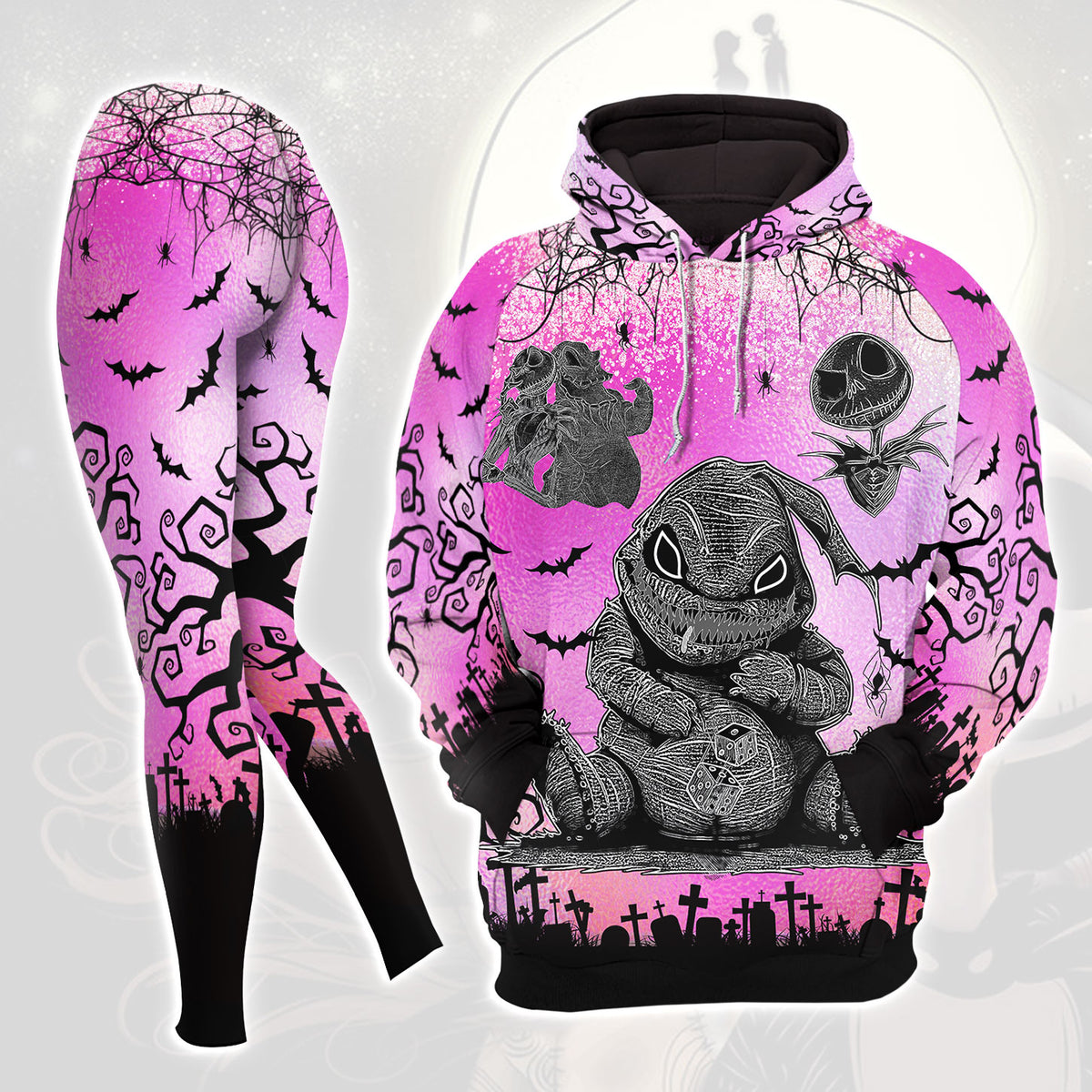 Pink Nightmare Bat Theme Combo Hoodie and Leggings - Dark and edgy matching set with skull designs for a unique and stylish look