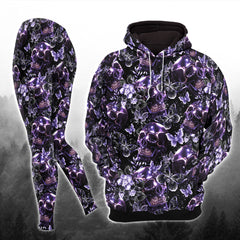 Dark Violet Skull Floral Combo Hoodie and Leggings - Dark and edgy matching set with skull designs for a unique and stylish look.