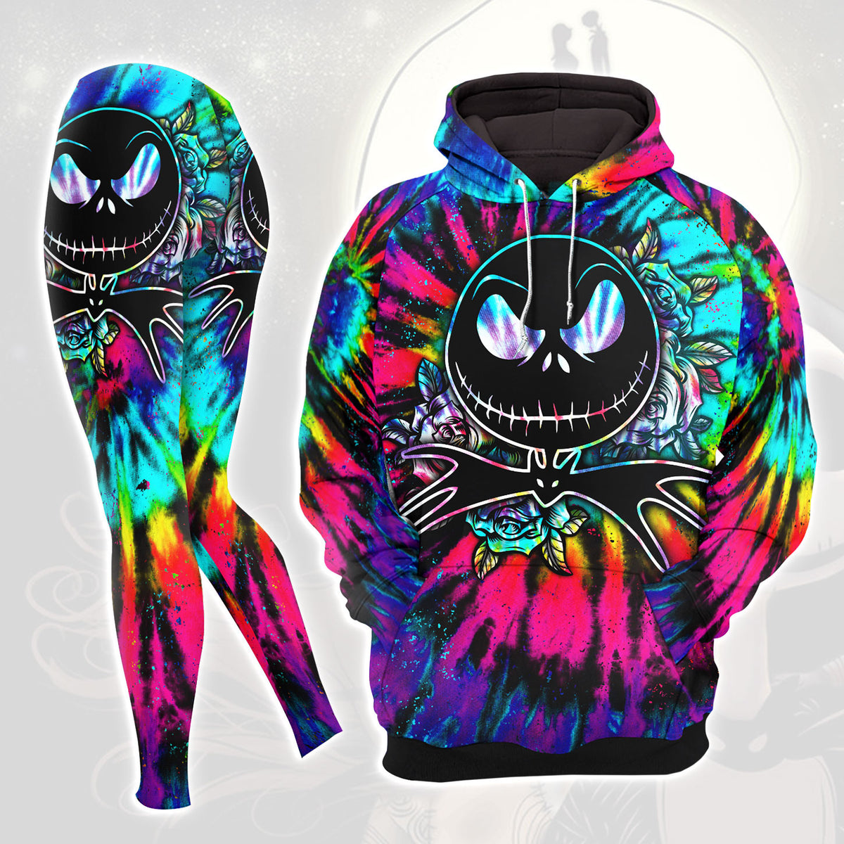 Nightmare TieDye Colorful Combo Hoodie and Leggings - Dark and edgy matching set with skull designs for a unique and stylish look