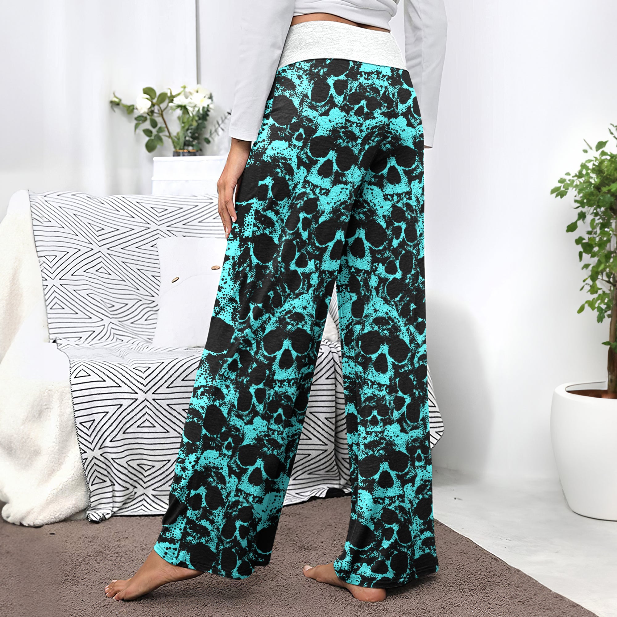 Cyan Skull Pattern Women's High-waisted Wide Leg Pants
