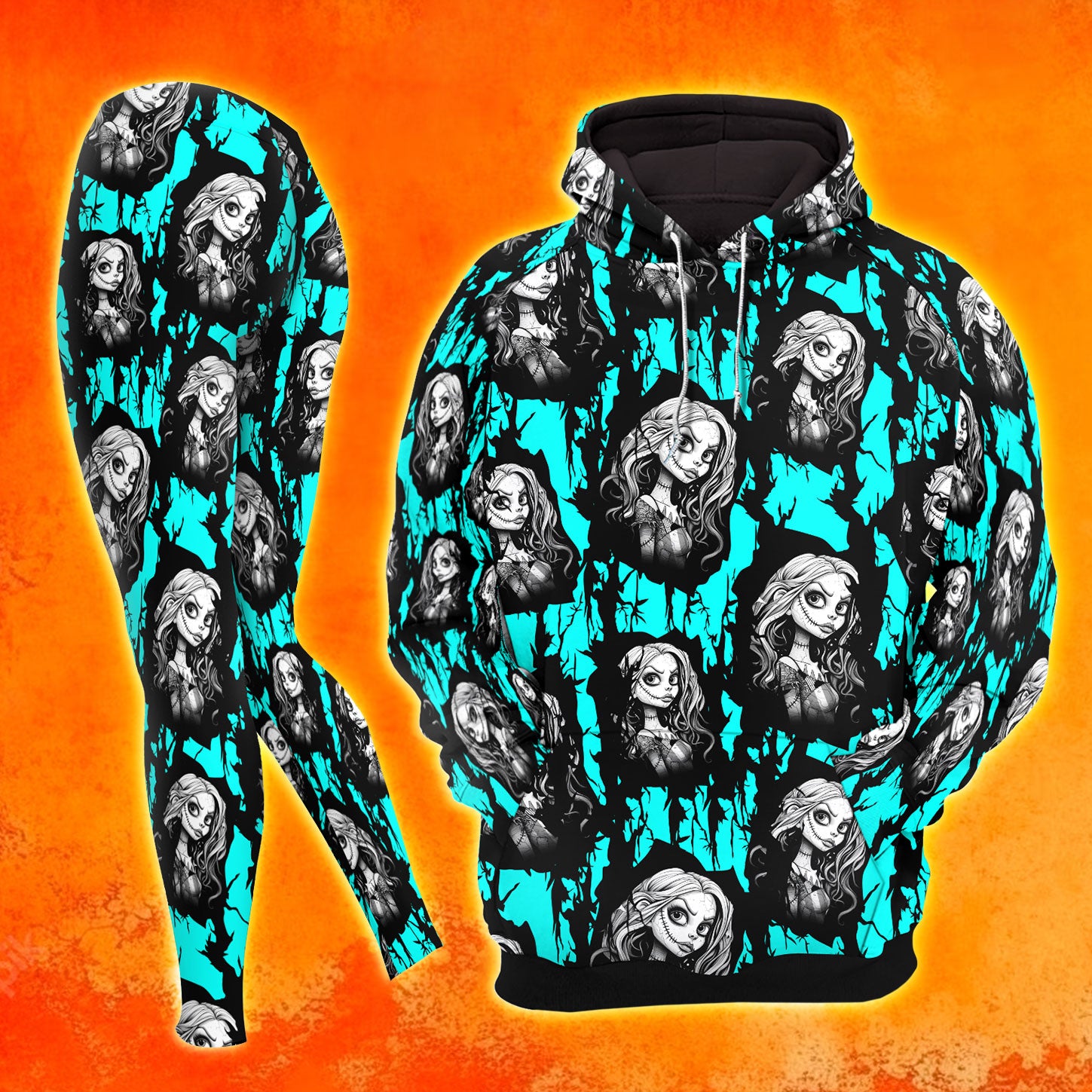 Cyan Nightmare Art Combo Hoodie and Leggings - Dark and edgy matching set with skull designs for a unique and stylish look