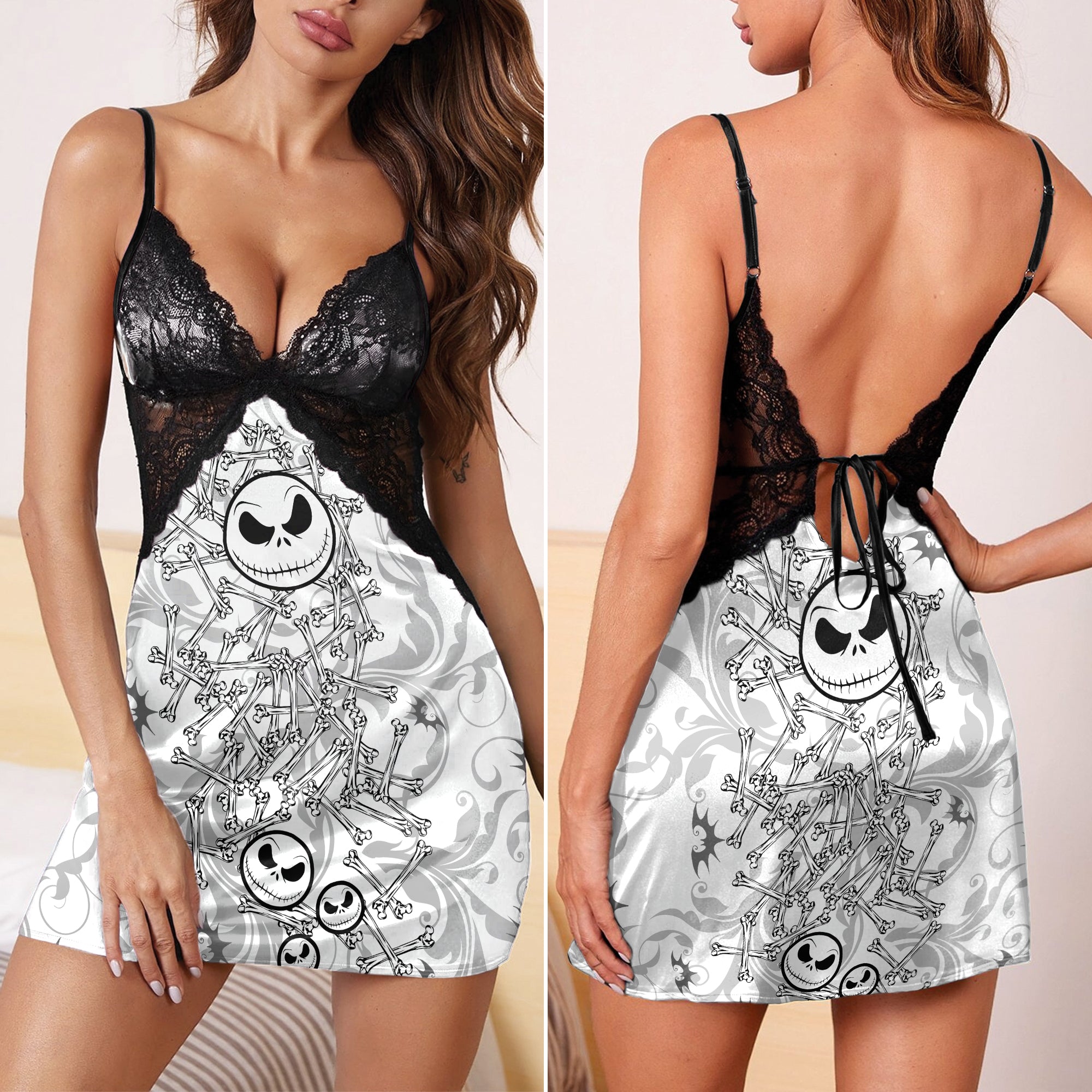 Black & White Nightmare Face & Punkrock Women's Sleepwear | Lace Cami Dress Nightgowns