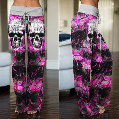 Black Pink Skull Horror High-waisted Wide Leg Pants - Wonder Skull