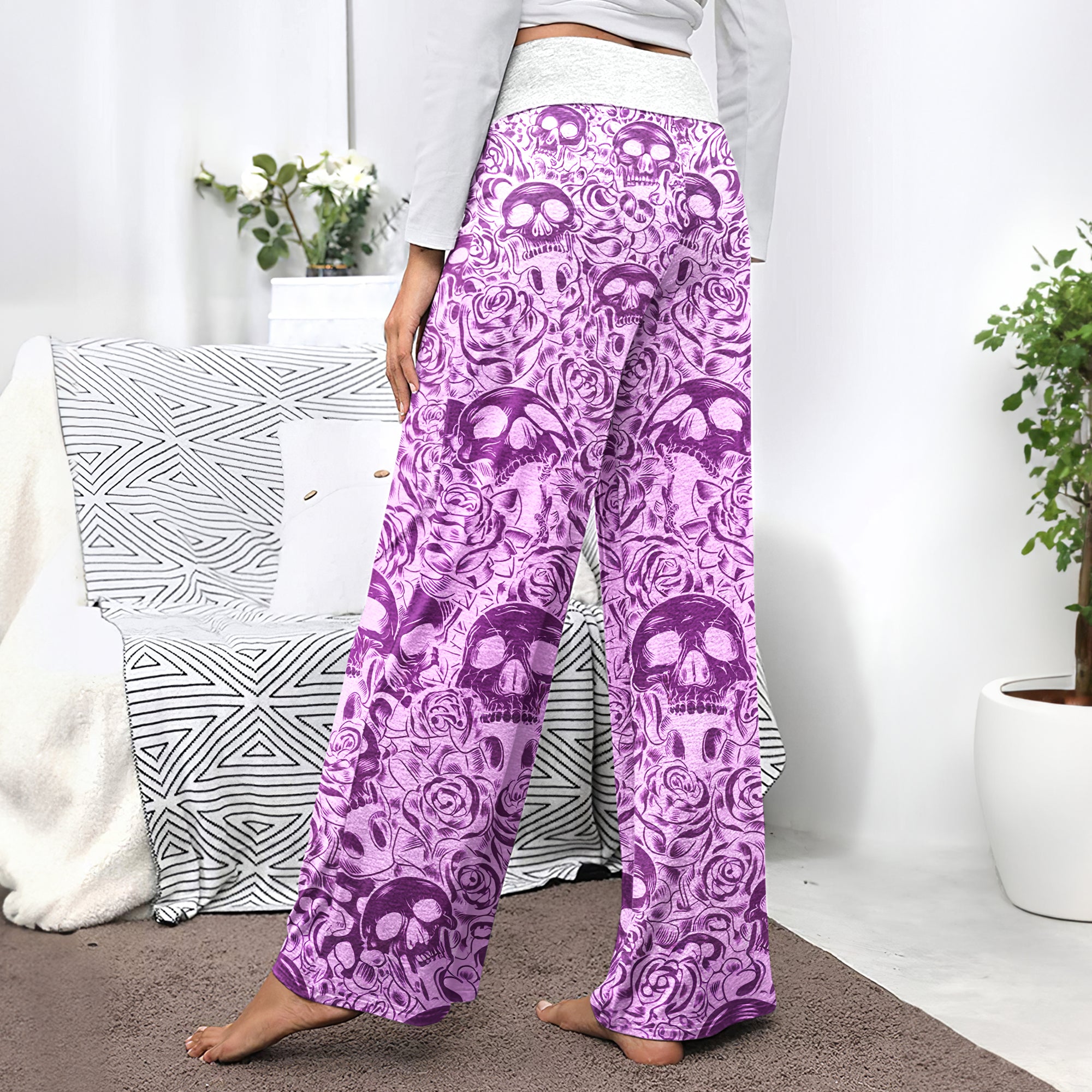 Purple Skull Pattern Gothic Women's High-waisted Wide Leg Pants