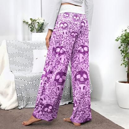 Purple Skull Pattern Gothic Women's High-waisted Wide Leg Pants