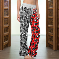 Red Retro Skull Bloom Women's High-waisted Wide Leg Pants