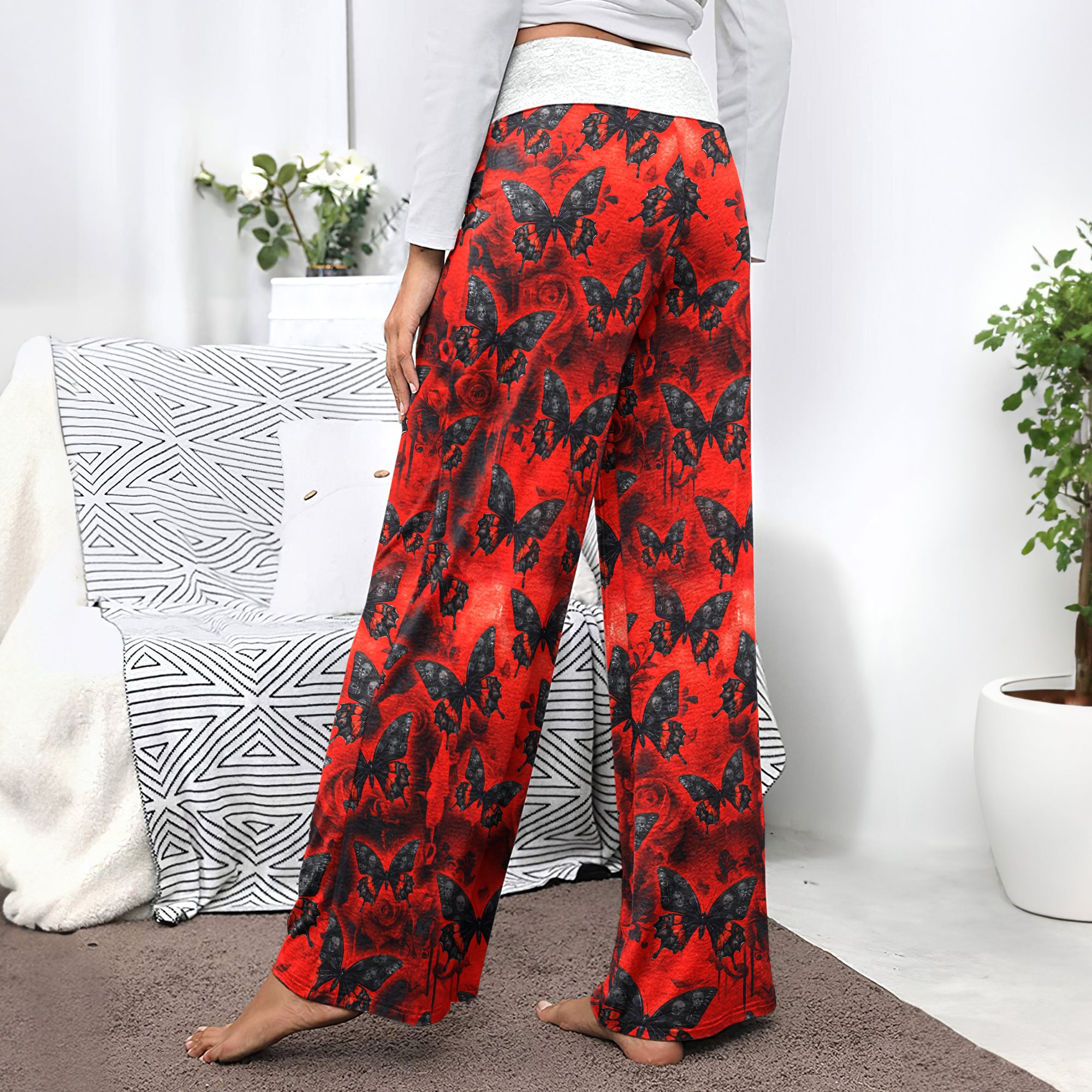 Red Butterfly Skull Gothic Women's High-waisted Wide Leg Pants