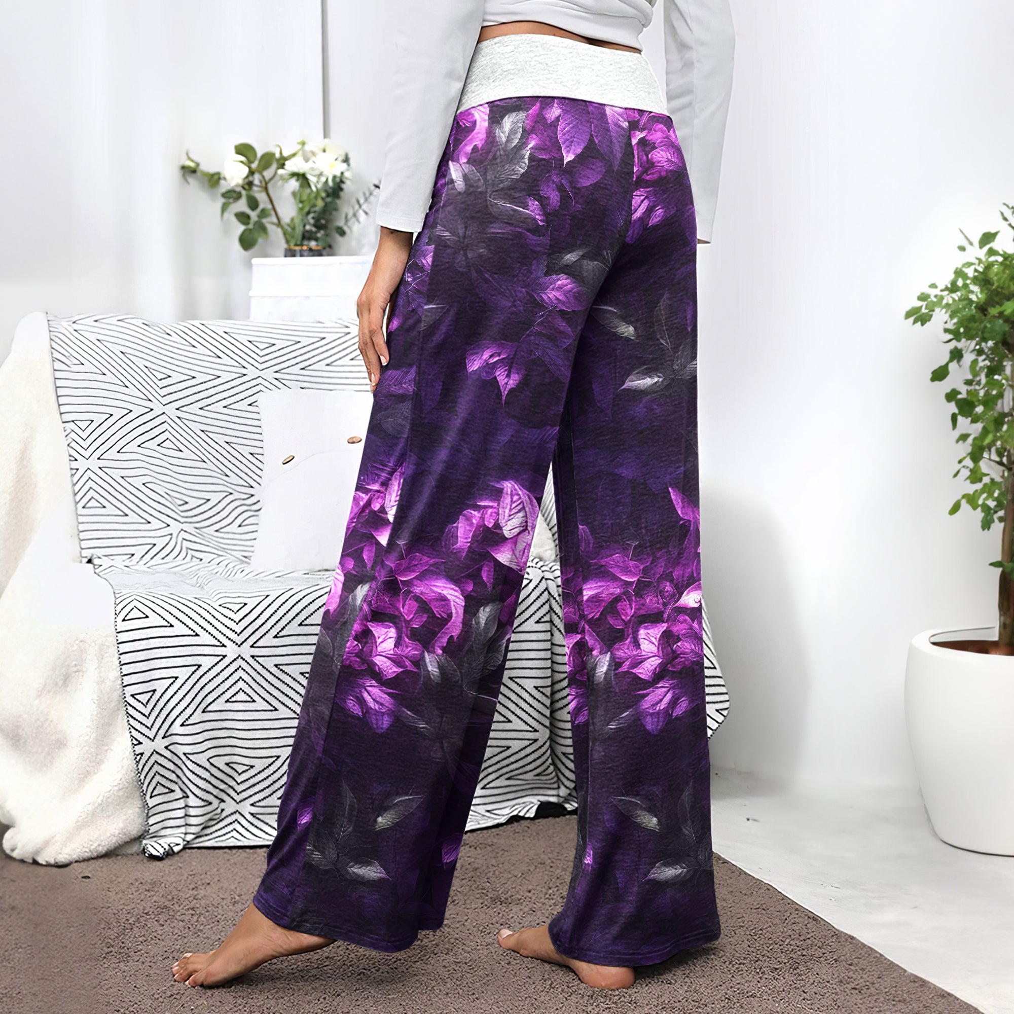 Purple Skull Filigree Rose Women's High-waisted Wide Leg Pants