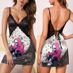 Pink Skeleton Artwork Women's Back Lace Babydolls Nightgowns