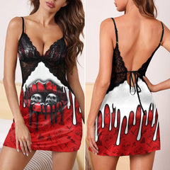 Red Skull Lip Melt Women's Back Lace Babydolls Nightgowns